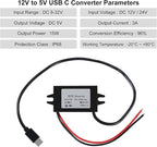 2pcs DC 12V/24V to 5V USB C Buck Converter 3A 15W Step Down Converter Voltage Regulator Waterproof Power Adapter for Raspberry Pi 4 Cellphone Car