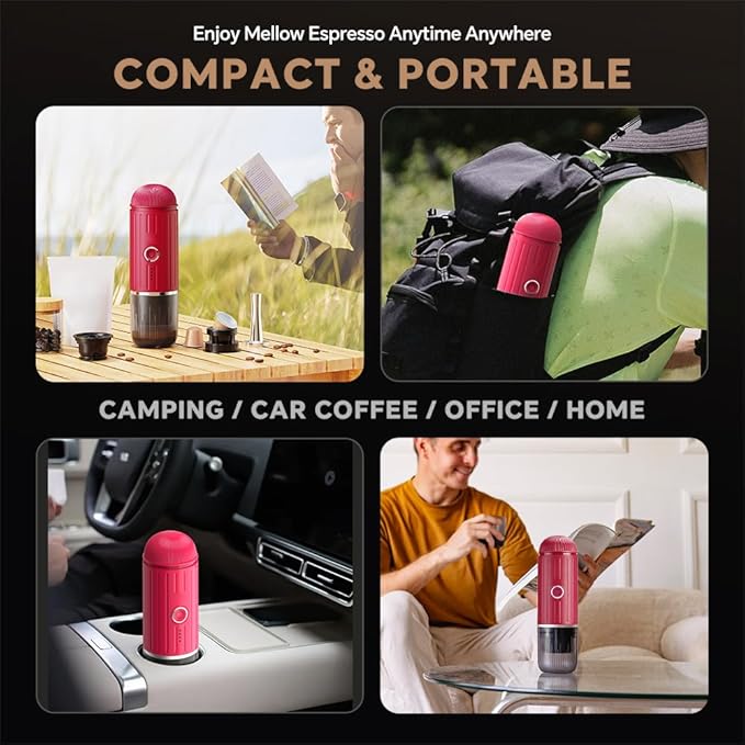Portable Electric Espresso Machine, Travel Coffee Maker for Camping, On the Go Car Coffee Maker Self-Heating with USB-C, With Ground Coffee & N Espresso Capsule for RV/Hiking/Office, Red