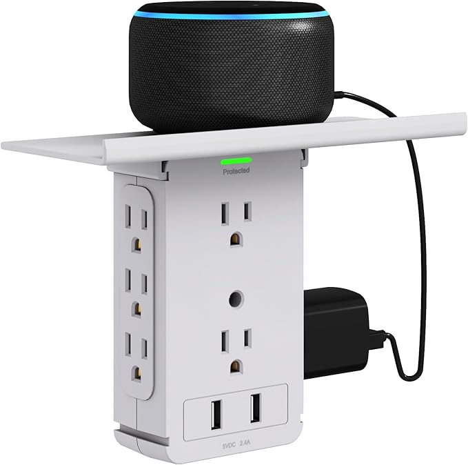 Socket Wall Shelf-CFMASTER 10 Port Surge Protector Wall Outlet, 8 Electrical Outlet Extenders and 2 USB Ports 2.4A, with Removable Built-In Shelf, FCC Listed (1, Gray)…