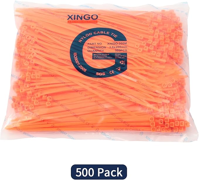 XINGO 8 Inch Cable Zip Ties (500 Pack), 40 Lbs Tensile Strength-Heavy Duty, Self-Locking Nylon Plastic Nylon Wire Ties for indoor and outdoor use(Orange)