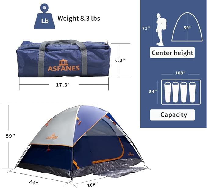 ASFANES Sundome Camping Tent with Rainfly, 2/4/6/10 Person Tent Sets Up in 10 Mins, Weatherproof Shelter for Camping, Festivals, Backyard, Sleepovers, & More