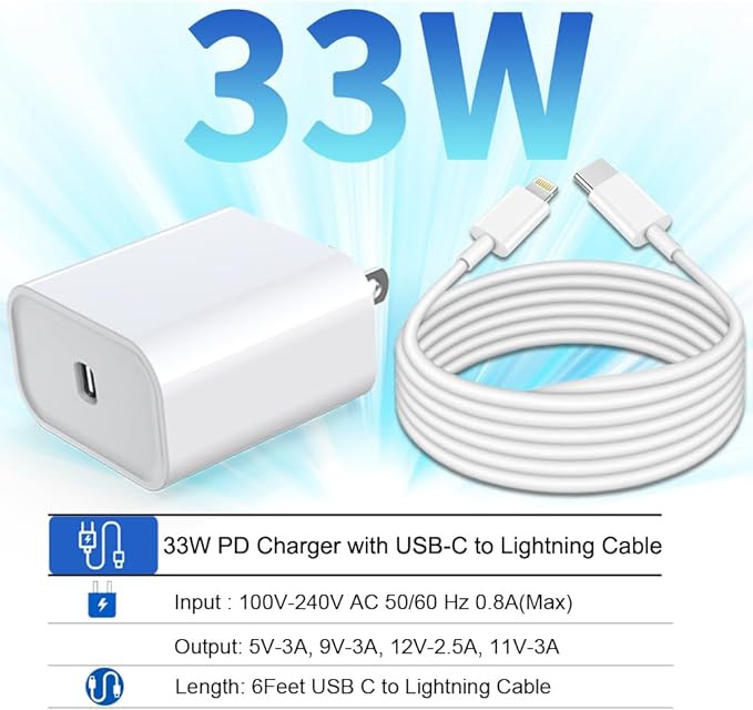 DABUSTAR for iPhone Fast Charger, 33W USB C PD Wall Charger Block Plug with[MFi Certified]6ft Type C to Lightning Cable Quick Charging Data Sync Cord for iPhone14 13 12 11 Pro Max Mini Xs Xr iPad Air