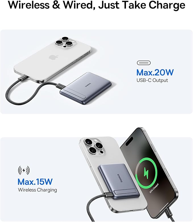 Baseus Picogo Power Bank, Smallest Qi2 Certified 15W MagSafe Portable Charger, 0.5" Ultra Slim 5000mAh Magnetic Battery Pack with Stand, Alloy Wireless Charger for iPhone 17 Pro Max/17 Air/17e Series