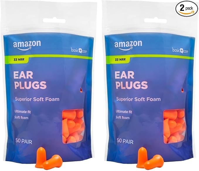 Amazon Basic Care Soft Foam Earplugs, 100 Count 50 Pair (Pack of 2)