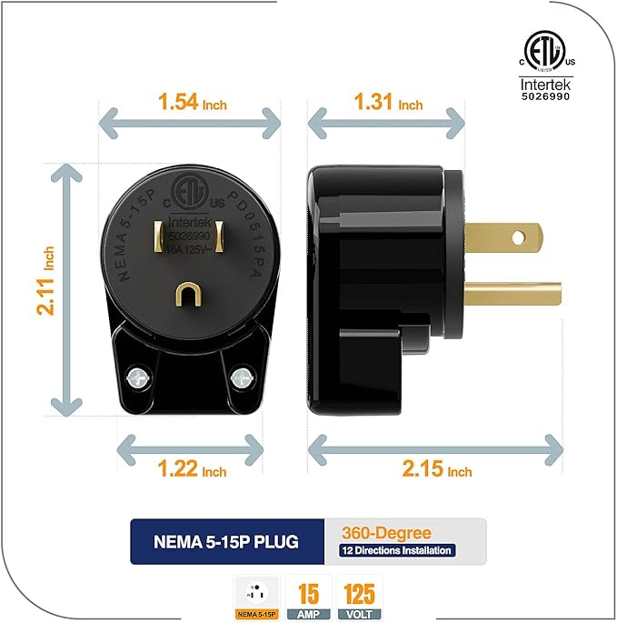 ETL Listed 90 Degree USA Canada Male Plug Nema 5-15P 3 Pole Angle DIY, 15A 125V USA 3Pin Right Angle AC , Nema 5-15P Angled Rewireable AC