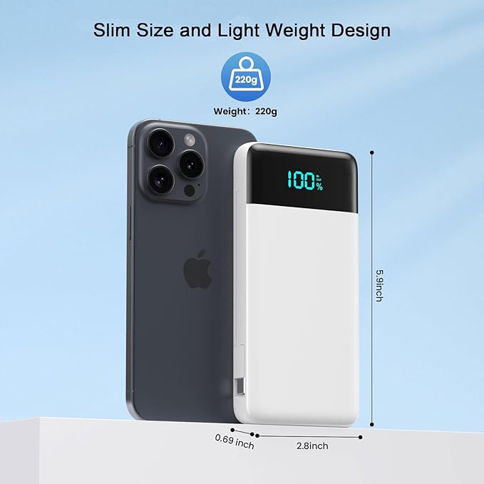 Portable Charger with Built in Cables and Wall Plug, 13800mAh USB C Fast Charging Power Bank for Travel Essentials, LED Display Battery Pack Compatible with iPhones, iPad, Samsung More Devices(White)