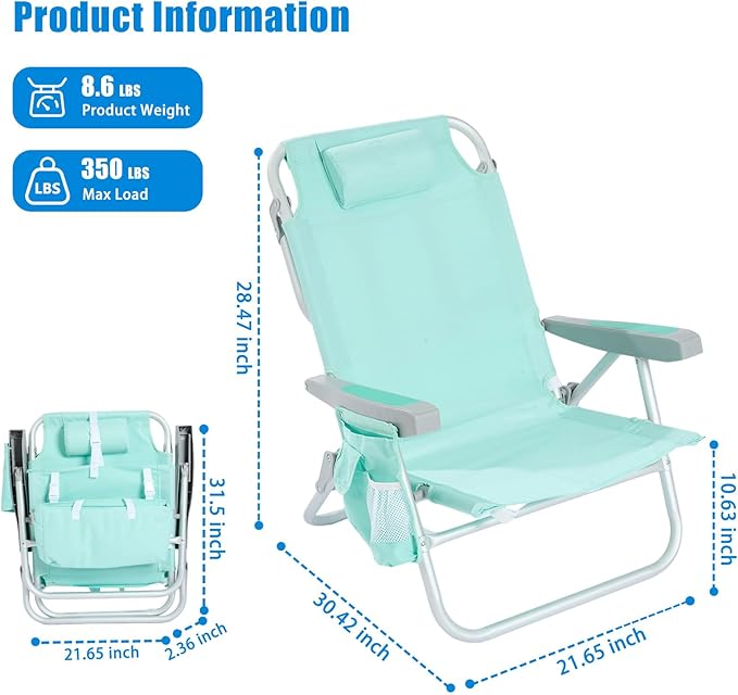 SUNNYFEEL Low Beach Chair 2 Pack, 5-Position Lay Flat Reclining, Backpack Portable Folding Chairs with Cooler Bag & Cup Holder, Heavy Duty 350 LBS, Compact for Beach, Camping, Travel