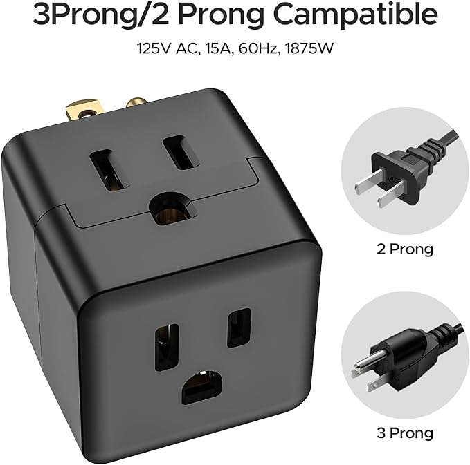 [ETL Listed] 3-Pack 3 Outlet Wall Adapter, Grounded 3-Prong Cube Tap Outlet Power Splitter, Compact 3-Way Plug Adapter for Home, Office or Travel (Black).