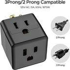 [ETL Listed] 3-Pack 3 Outlet Wall Adapter, Grounded 3-Prong Cube Tap Outlet Power Splitter, Compact 3-Way Plug Adapter for Home, Office or Travel (Black).