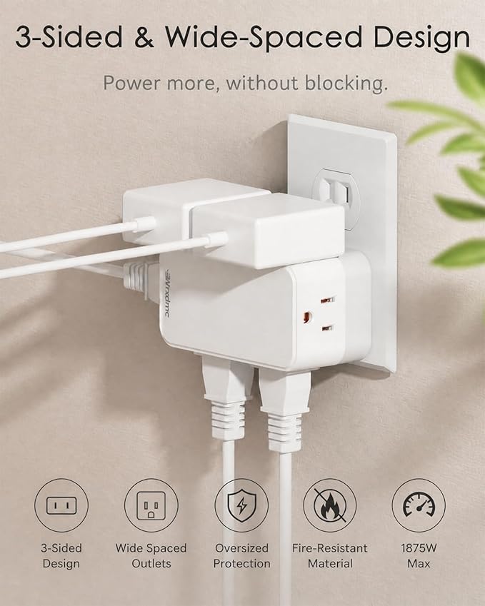 2 Prong to 3 Prong Power Strip,WRXDMC 2 Prong Outlet Adapter with 360° Rotating Plug, Widely Spaced Outlet Extender with 6 AC Outlets, Multi Plug Outlet Splitter, Polarized Plug, Ideal for Old House