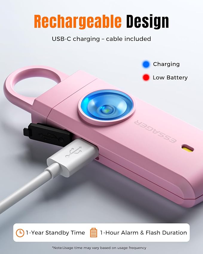 ESSAGER Personal Safety Alarm for Women, 130 dB Self Defense Siren, Rechargeable & Portable with Keychain and Carabiner, Low Battery Notice, LED Strobe Light for Kids, Seniors, College Students(Pink)