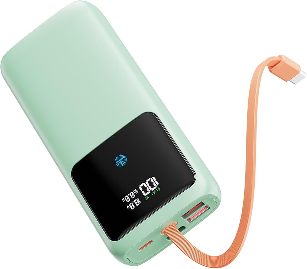 Laptop Power Bank, 24000mAh 65W Fast Charging Portable Charger with Built-in Cable, USB C Battery Pack with LED Display, Travel Essential External Battery Bank for Macbook/Notebook/Tablet/Phone Green