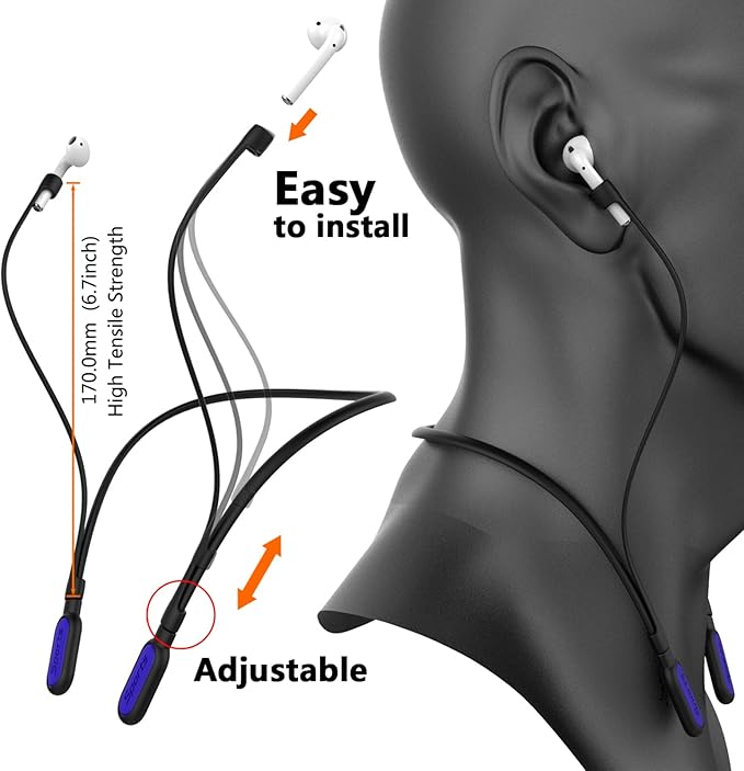 Compatible Airpods Strap, Silicone Anti-Lost Strap Wire Connector Sports Neckband Strap Compatible for Airpods Pro 3/2/1, Airpods 4, 3, 2, 1, Black with Dark Blue