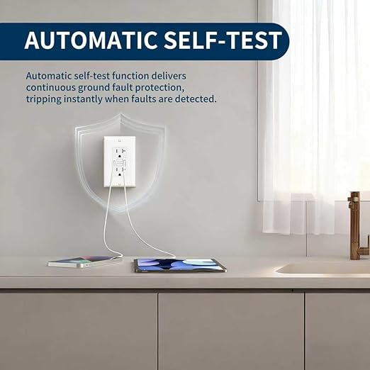 20 Amp GFCI Outlet with USB-A & USB-C Ports, Tamper-Resistant Receptacle, Automatic Self-Test & LED Indicator, in-Wall Installation, Wall Plate Included, ETL Listed, White, 1 Pack