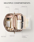 EACHY Travel Makeup Bag, Large Capacity Cosmetic Bag for Women, Waterproof PU Leather, Flat Open Portable Toiletry Bag for Skincare, Brushes & Travel Essentials