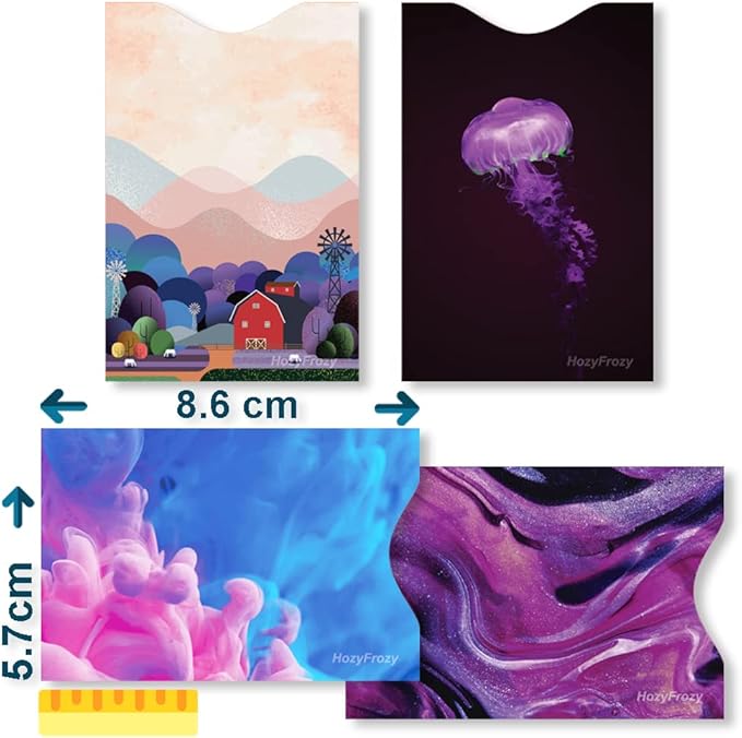 8 RFID Blocking Sleeves, Unique Designs and Arts in Purple, Anti-Theft Credit Card Holder, Credit Card Protector, Easy to Recognize, Sturdy and Perfect size for cards