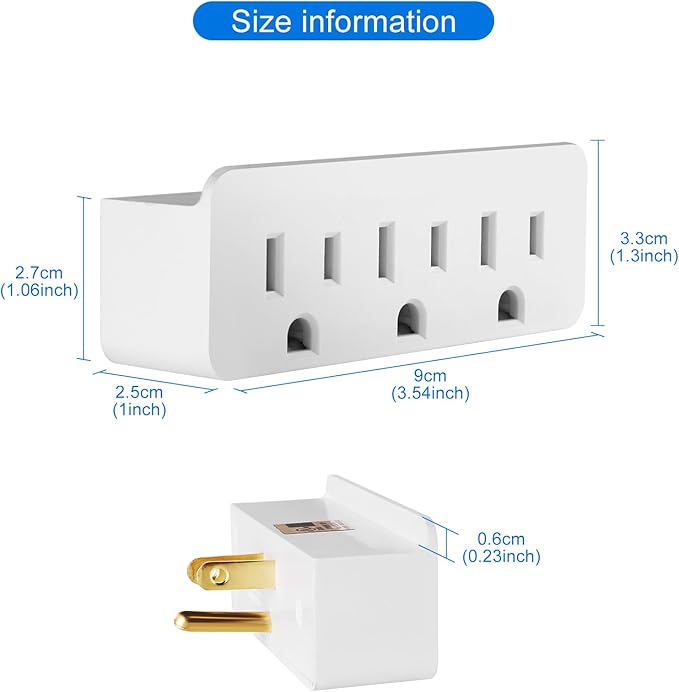 TENINYU 3 Outlet Adapter Extender - UL Listed 1875W/15Amps 3 Way Grounded Polarized Plug Extender Power Strip, Wall Plug 1 to 3 Outlet Splitter with 3 AC Outlets for Household Appliances (2)