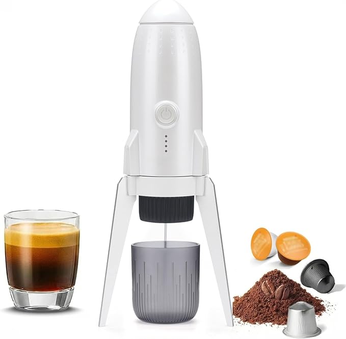 Portable Electric Espresso Machine Travel Coffee Maker for Camping 3 in 1 Self-Heating for Ground Coffee & DG NS Capsule Pods For Travel Camping and Hiking (Bright White)
