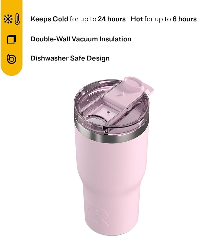 RTIC 20oz Essential Tumbler with Lid, Ceramic Lined, Insulated, Stainless Steel, Metal, Double Wall Vacuum-Insulation, Travel Cup for Iced Coffee, Tea, Hot and Cold Drink, Pale Pink