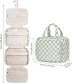 Narwey Hanging Toiletry Bag for Women Travel Checkered Makeup Bag Organizer Toiletries Bag for Travel Size Essentials, Accessories, Brushes, Cosmetics (Green Checkerboard (Medium))