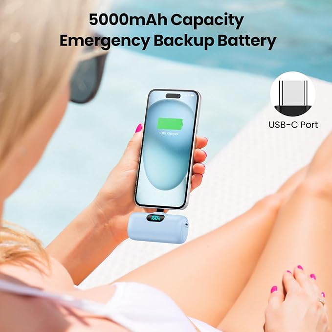 Mini Portable Charger USB C Power Bank,Upgraded 5000mAh PD Fast Charging Battery Pack Built-in USB-C Connector Travel Essential for iPhone17/17Pro/17Pro Max/Air/16 Plus/16Pro Max/15 Series,Android etc