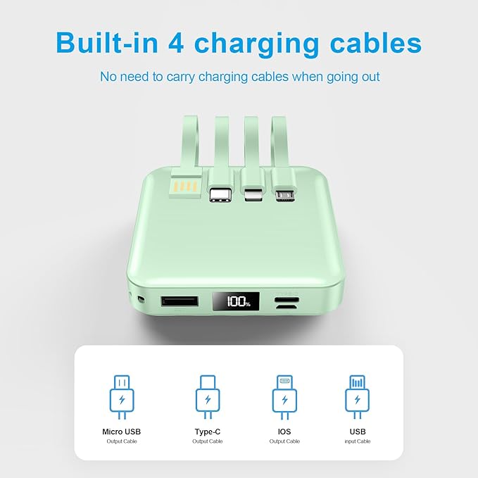 ummz Portable Charger with Built-in Cable,12000mAh 22.5W Fast Charging Small Power Bank,USB C Input/Output with Smart LED Display,External Battery Pack for iPhone,Tablet,Samsung