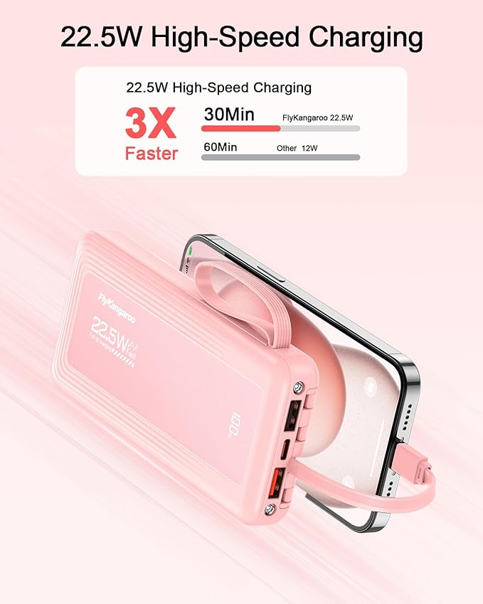 Portable Charger with Built in Cables, Slim 10000mAh Fast Charging 22.5W Power Bank USB C LED Display Battery Pack 6 Outputs & 2 Inputs for iPhone Samsung Pixel LG Moto iPad