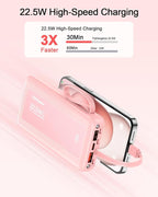 Portable Charger with Built in Cables, Slim 10000mAh Fast Charging 22.5W Power Bank USB C LED Display Battery Pack 6 Outputs & 2 Inputs for iPhone Samsung Pixel LG Moto iPad