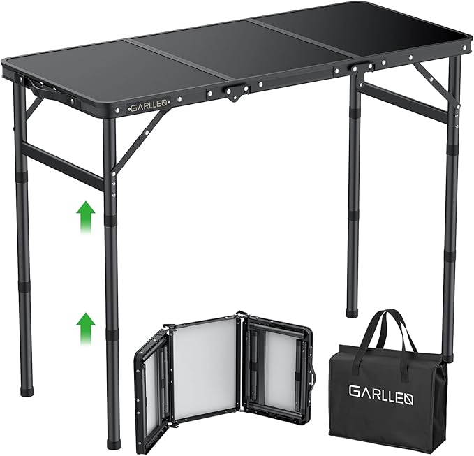 GARLLEN Folding Camping Table Max 27.5", 3-Height Adjustable Portable Camping Table with Carrying Bag, Lightweight Aluminum Folding Picnic Tables for BBQ, Travel, Outdoor, 34.2" L x 15.7" W