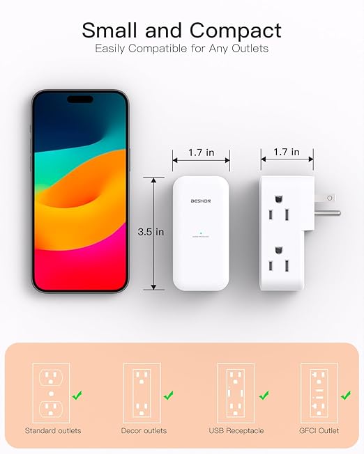 Surge Protector Outlet Extender- with Rotating Plug,6 AC Multi Plug Wall Outlet,4-Sided Outlet Splitter,900J Wall Outlet Adapter for Bathroom,Home,Travel,Dorm Room Essentials