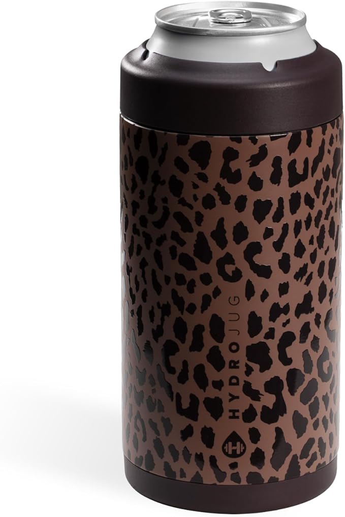 HydroJug Standard Can Cooler - 2-in-1 Insulated Can Cooler Cup - Stainless Steel Can Holder with Non-Slip Rubber Base - Screw-Top Lid - Dishwasher Safe - 16oz, Brown Leopard