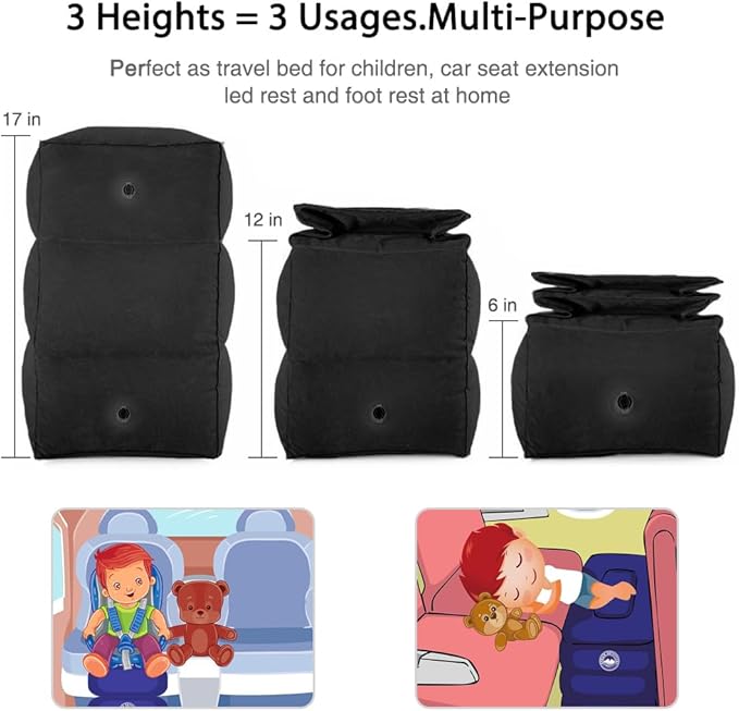 Travel Foot Rest Pillow, Portable Inflatable with Double Hand Pump Adjustable Three Layers Height Pillow for Foot Rest on Airplanes,Cars,Buses,Trains,Office Kids to Sleep on Long Flights (Black)