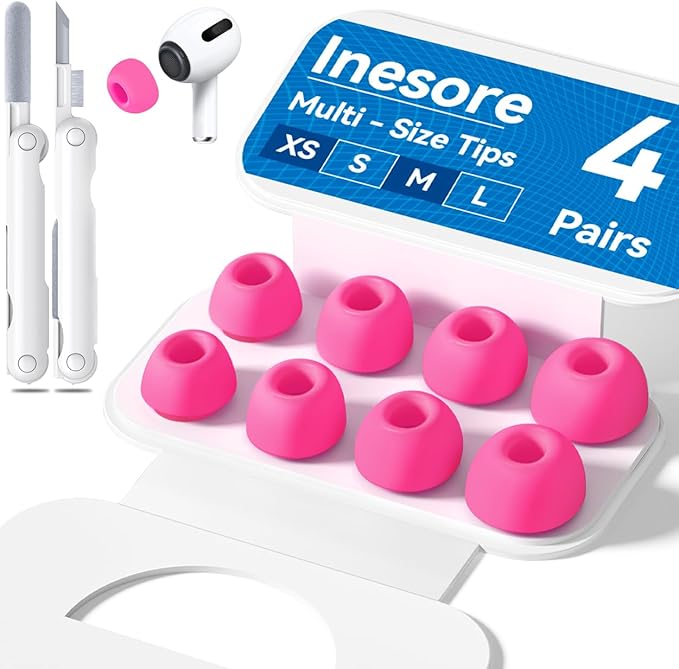 4 Pairs Replacement Ear Tips for AirPods Pro 2nd/1st Generation with Portable Storage Box & Cleaner Pen,Noise Reduction Holewith & Built-in dust Guard Screen,Silicone EarTips(Rose red)