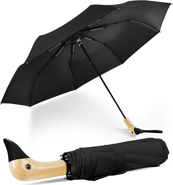 Compact Small Umbrellas for Rain&Sun, Cute Design Duck Head Umbrella for Girls Gifts, 8 Ribs Folding Umbrella with Wooden Handle