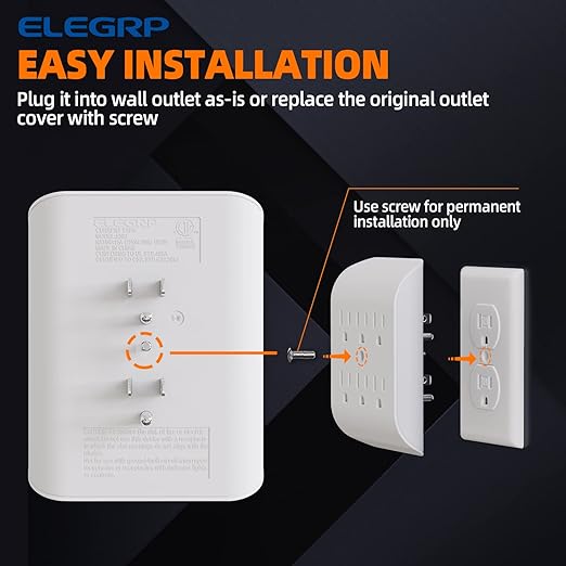 ELEGRP 6-Outlet Extender with Central Anchor, 3-Prong Grounded Wall Tab, Multiple Outlet Extender with 6 Electrical Outlets, ETL Listed, 2 Packs, White