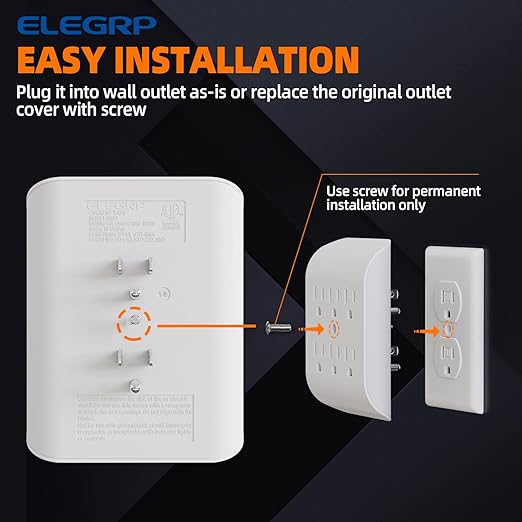 ELEGRP 6-Outlet Extender with Central Anchor, 3-Prong Grounded Wall Tab, Multiple Outlet Extender with 6 Electrical Outlets, ETL Listed, 1 Packs, White