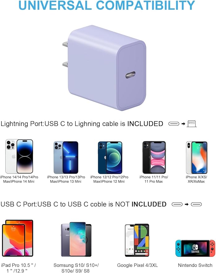 iPhone 14 13 12 Fast Charger 20W PD USB C Wall Charger with 6FT Fast Charging Cable for iPhone 14/14 Pro/14 Pro Max/14 Plus/13/12/11/Pro/Pro Max/Mini/Xs Max/X, iPad - Purple