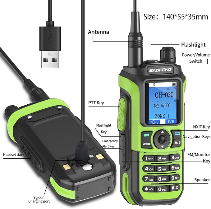 BAOFENG GMRS Handheld Radio Ham Radio Long Range GM21 Rechargeable Walkie Talkies,NOAA Weather Receiver GM-15 PRO 999 Channels Green Two Way Radio with USB-C Charger for Survival Gear Hunting,2 Pack