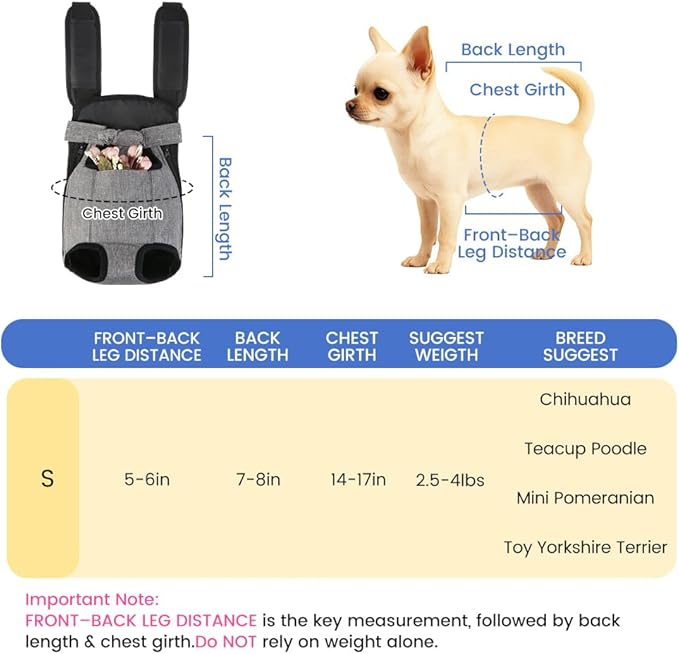 Dog Backpack Carrier, Front Pocket for Essentials, Legs Out Carrying Sling Travel Bag for Small Medium Dogs 2.5-4 Lbs, Soft Wearable Puppy Chest Carry Backpacks for Walking/Hiking/Camping/Traveling