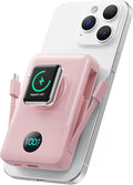 Magnetic Portable Charger for MagSafe with Built-in Cable,iWatch Charger,10800mAh Wireless Power Bank Travel Essentials,25W PD Fast Charging Battery Pack for iPhone 17/16/15/14/13/12,Apple Watch-Pink