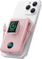 Magnetic Portable Charger for MagSafe with Built-in Cable,iWatch Charger,10800mAh Wireless Power Bank Travel Essentials,25W PD Fast Charging Battery Pack for iPhone 17/16/15/14/13/12,Apple Watch-Pink
