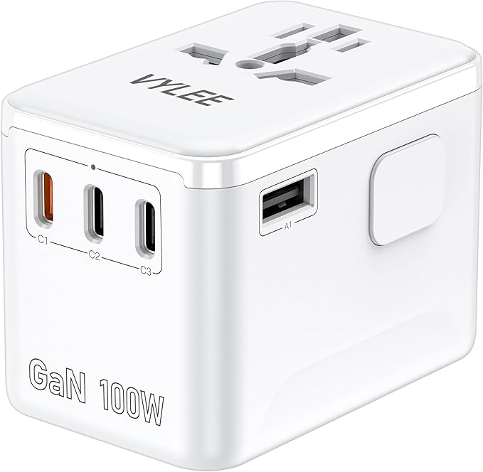 VYLEE PD100W GaN Universal Travel Adapter, International Power Adapter in One, 3 USB C & 1 USB A & AC Outlet, Travel Adapter Worldwide Plug Adapter with USA EU UK AUS Plugs (White)
