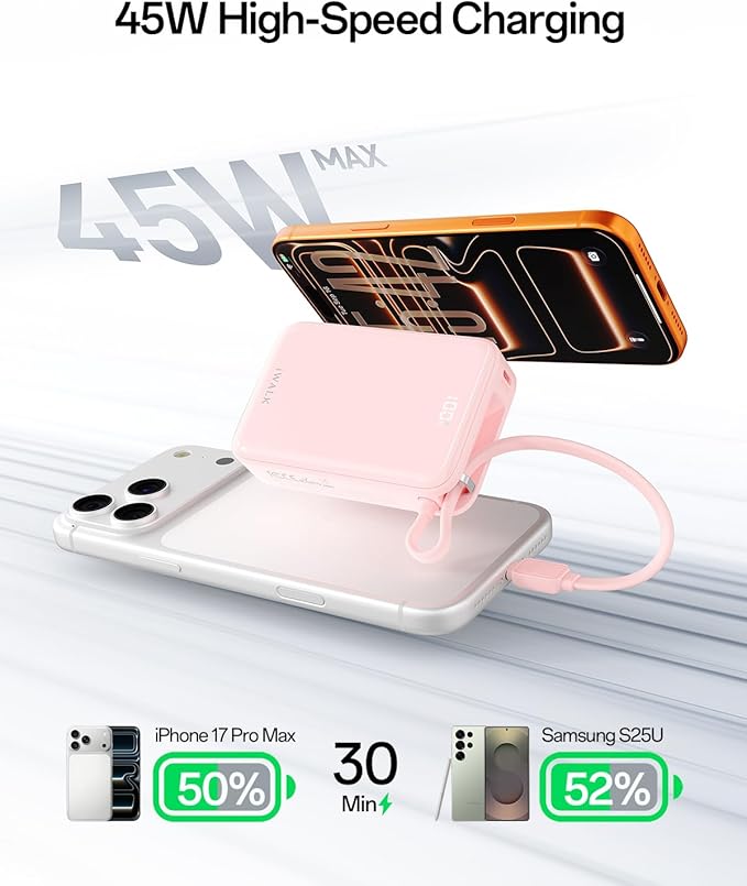 iWALK Portable Charger, 10000mAh 45W PD Power Bank, USB C in&Out Fast Charging Battery Pack with Phone Stand, Travel Essential Powerbank for iPhone 17 16 15 14 13 12 Samsung S25 MacBook etc,Pink