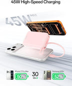 iWALK Portable Charger, 10000mAh 45W PD Power Bank, USB C in&Out Fast Charging Battery Pack with Phone Stand, Travel Essential Powerbank for iPhone 17 16 15 14 13 12 Samsung S25 MacBook etc,Pink