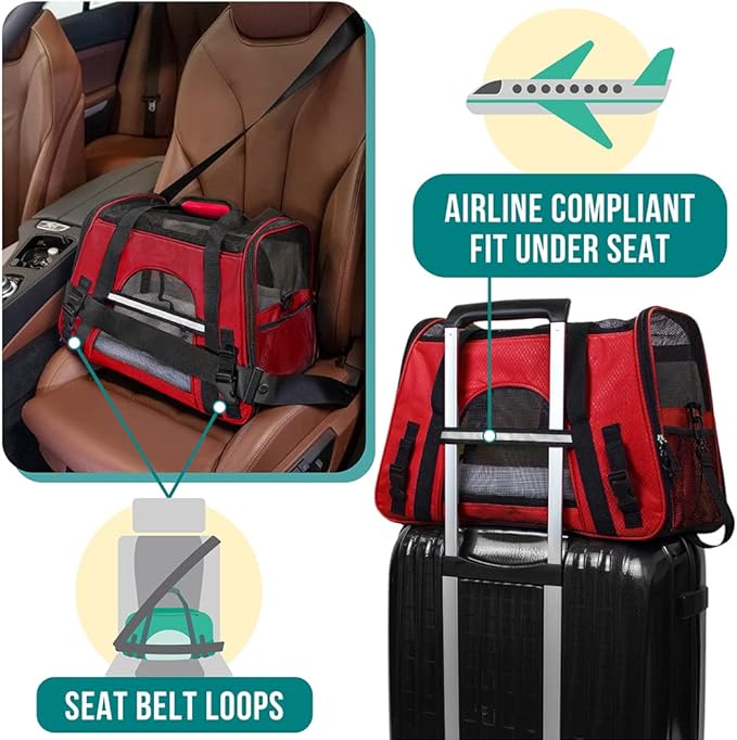 PetAmi Airline Approved Pet Carrier for Cats & Small Dogs, Soft Sided TSA Travel Carrier Bag with Sherpa Bed, Breathable Mesh Ventilation, Collapsible Bowl, Fits Under Seat, Up to 18 lbs, Small Red