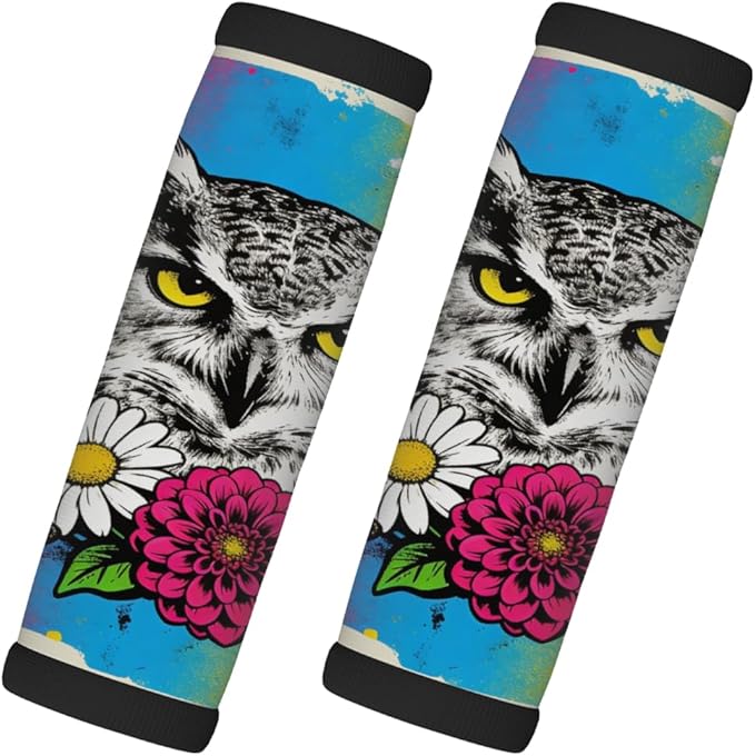 2 Pack Luggage Handle Wrap with Travel Tags - Non-Slip Protective Cover Soft Handle Grips Covers for Suitcase(Graffiti Owl Flowers)