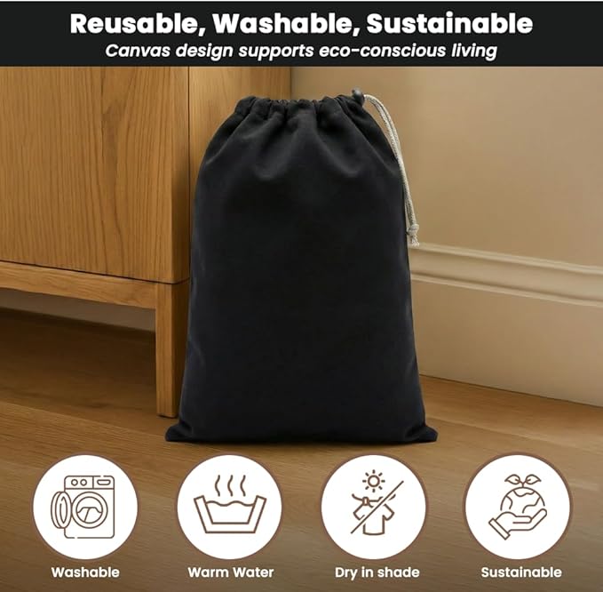 LFH Cotton Rich Shoe Storage Bags with Drawstring, Dustproof Breathable Reusable Organizer, Perfect For Travel, Dorm, Hotel, College, Gym, Machine Washable 8"x17" (Pack of 6) - Black sand