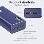 PSOOO Portable Charger 27000mAh 65W PD Fast Charging Power Bank, 3-Port External Battery Pack with LED Flashlight, Compatible with iPhone, Samsung, MacBook, Tablet, Travel & Outdoor Use (Blue)