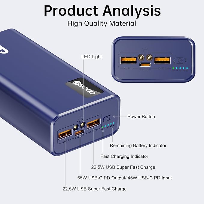 PSOOO Portable Charger 27000mAh 65W PD Fast Charging Power Bank, 3-Port External Battery Pack with LED Flashlight, Compatible with iPhone, Samsung, MacBook, Tablet, Travel & Outdoor Use (Blue)