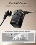 MOMAX 100W Universal Travel Adapter, 6-in-1 International Power Adapter with USB-C Retractable Cable, Dual-AC Plug Adapter PD Fast Charging Worldwide Wall Charger for US/UK/EU and Over 200 Countries